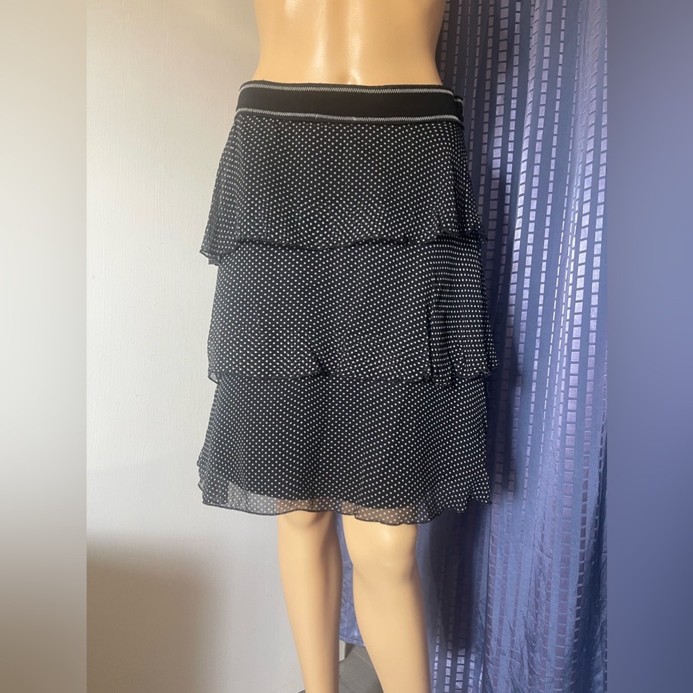 True Meaning Layered Ruffled 100% Silk  Skirt 6 black with white polka dots